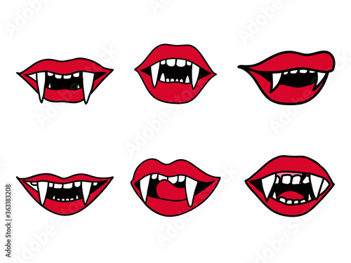 Set of vampire fangs for Halloween. Woman red lips vector illustration. Scary Dracula teeth stickers.