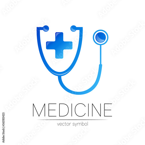 Stethoscope with cross vector logotype in blue color. Medical symbol for doctor, clinic, hospital and diagnostic. Modern concept for logo or identity style. Sign health. Isolated on white background.