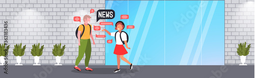 schoolchildren couple chatting during meeting discussing daily news chat bubble communication concept horizontal full length vector illustration