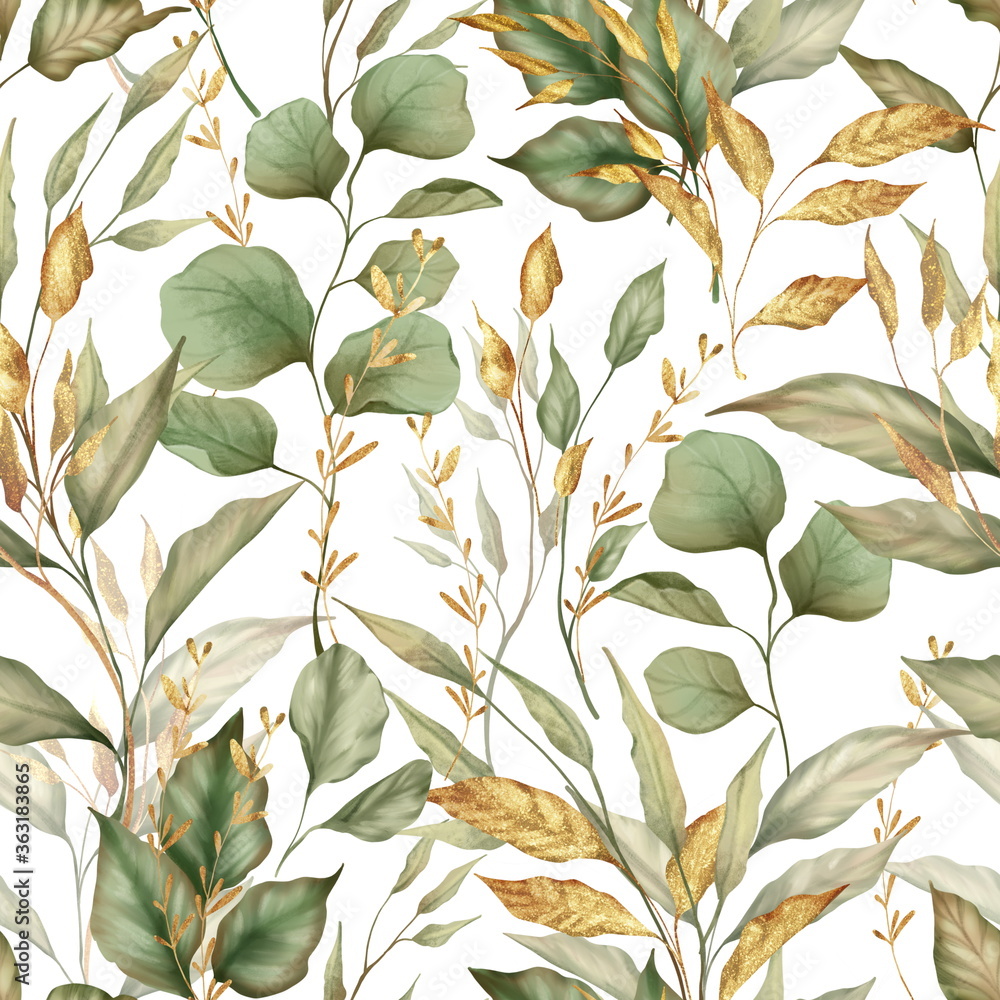 Green and gold leaves on a white background