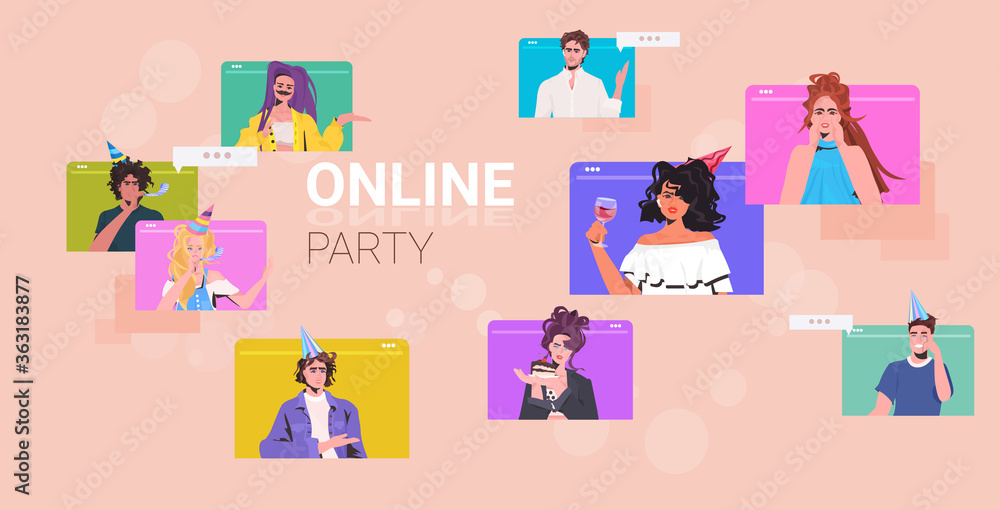 set people celebrating birthday party mix race men women having fun celebration concept web browser windows collection portrait horizontal vector illustration