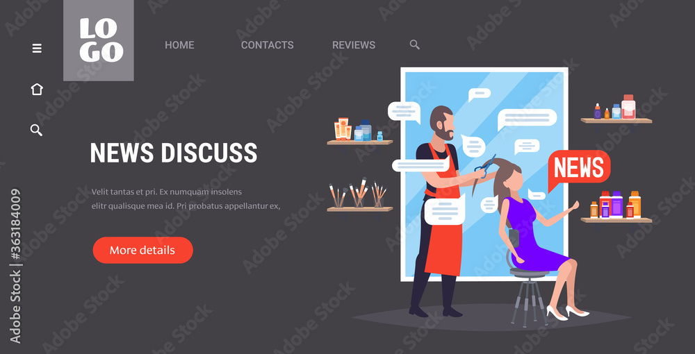 male hairdresser cutting hair tips of woman client and discussing daily news chat bubble communication concept beauty salon horizontal full length copy space vector illustration male hairdresser cutting hair tips of woman client and discussing daily news chat bubble communication concept beauty salon horizontal full length copy space vector illustration