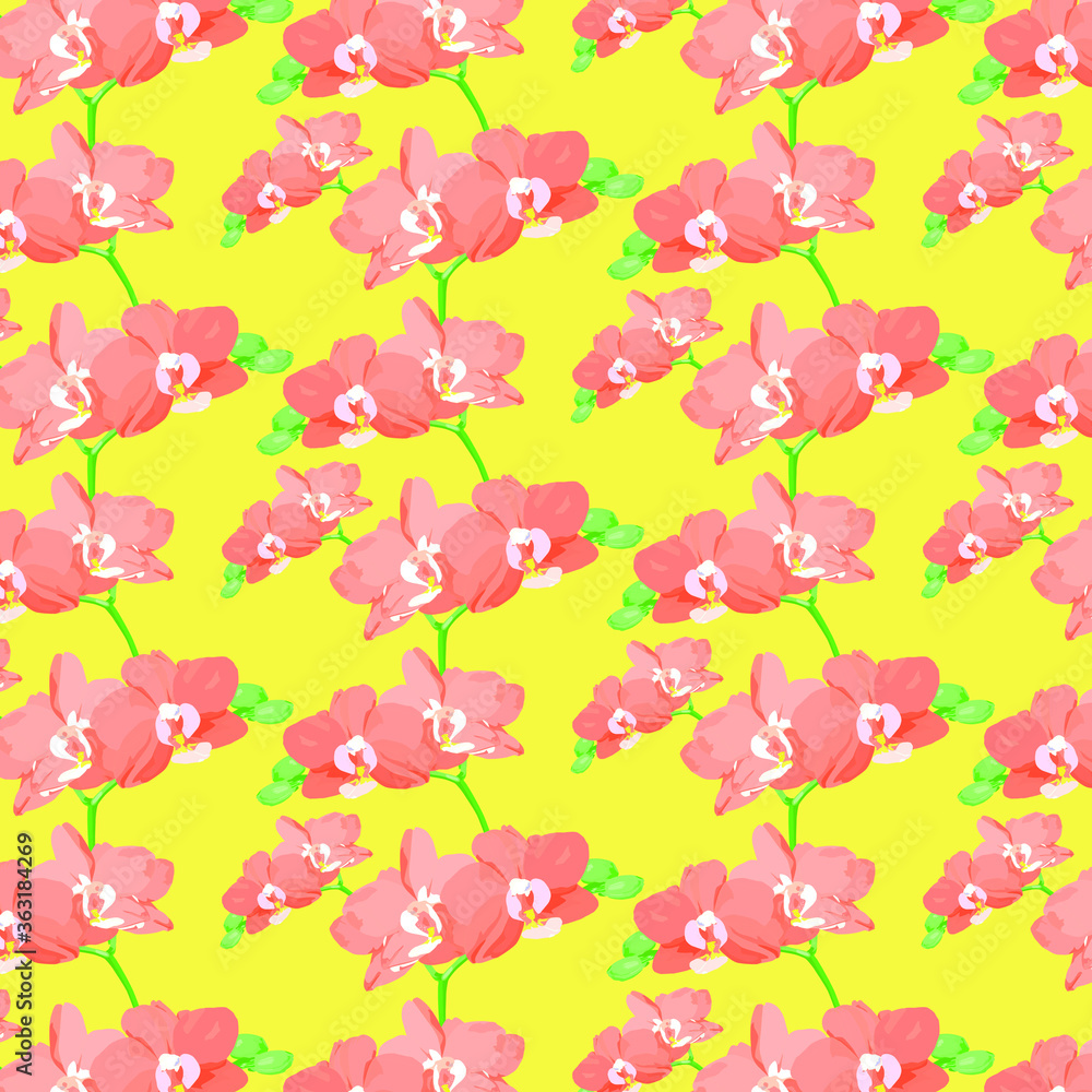 Pattern with pink orchids on a yellow background. Pattern with pink orchids on a yellow background.