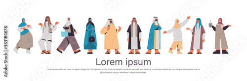set arabic people in traditional clothes arab men women standing pose male female cartoon characters collection full length horizontal copy space vector illustration
