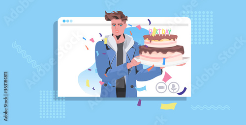 Fototapeta Naklejka Na Ścianę i Meble -  man celebrating online party guy in web browser window holding birthday cake celebration concept portrait horizontal vector illustration