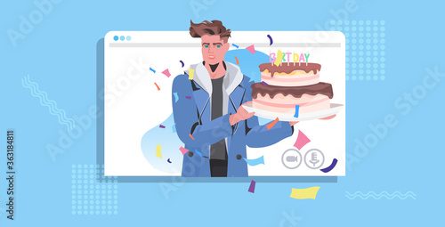 man celebrating online party guy in web browser window holding birthday cake celebration concept portrait horizontal vector illustration