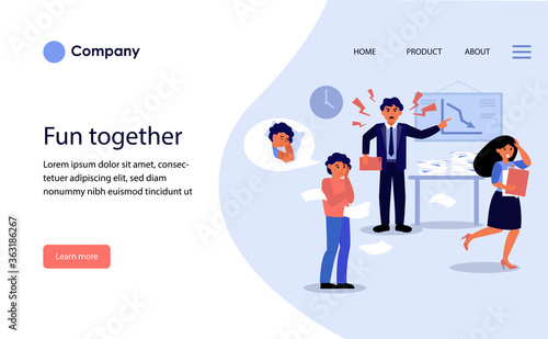 Angry boss shouting at his employees in office. Woman running in fear, sleepy man standing stressed flat vector illustration. Business stress concept for banner, website design or landing web page