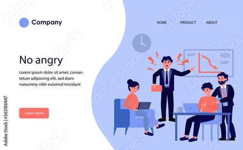 Furious team leader scolding employees for decrease chart. Angry boss, loss, stress at work flat vector illustration. Business failure concept for banner, website design or landing web page