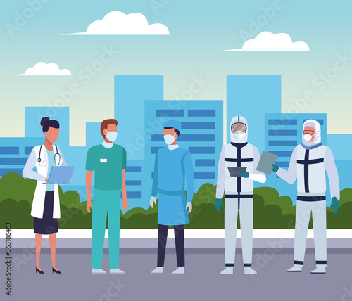 group of doctors wearing medical masks on the city