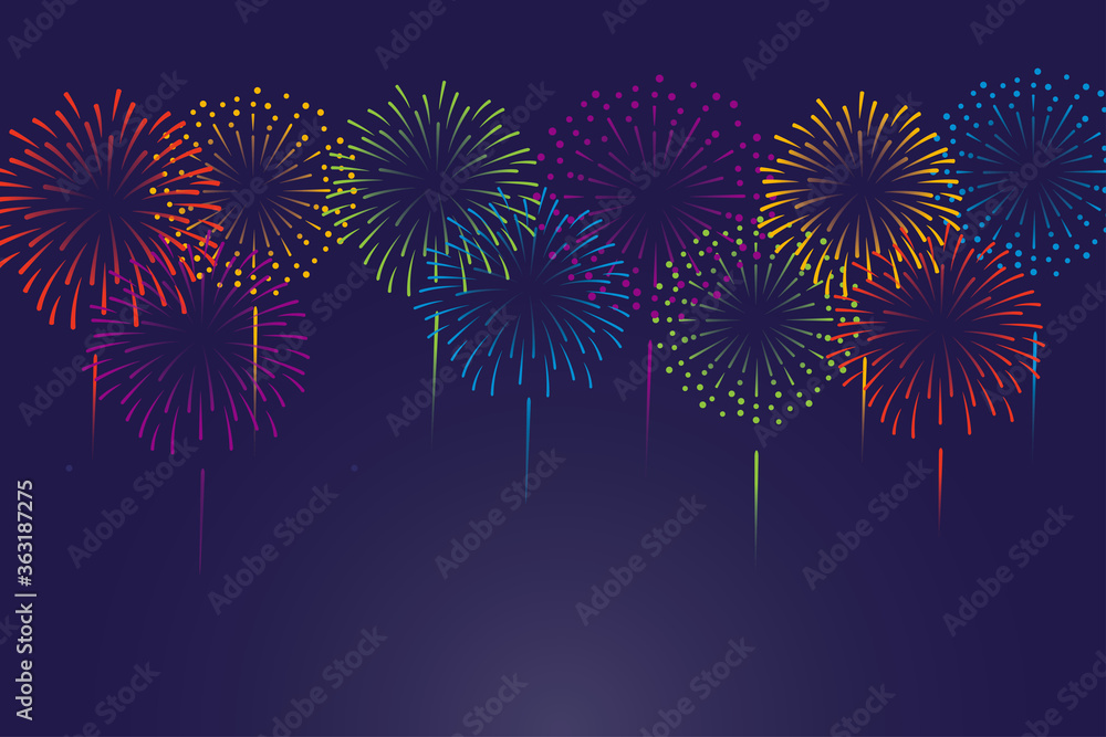 Vector rainbow color fireworks background illustration - obrazy, fototapety, plakaty 
