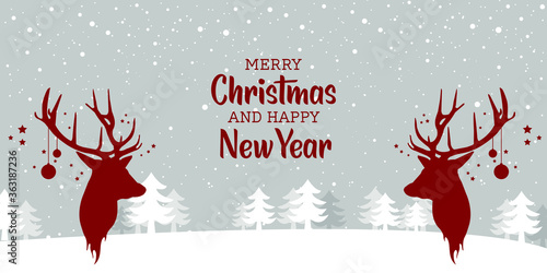 Holiday deer, Merry Christmas and New Year typographical on background with winter landscape with snowflakes,  stars.Christmas card. Vector Illustration