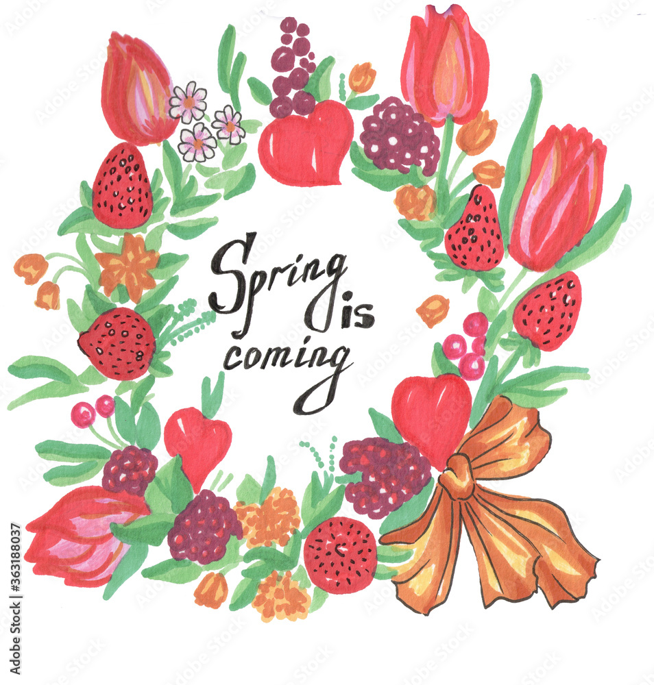 spring colored wreath with flowers and berries on a white background