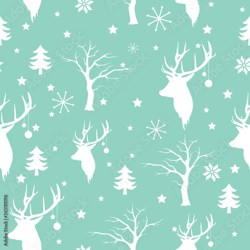 Christmas seamless pattern with deers  stars  snowflakes  trees