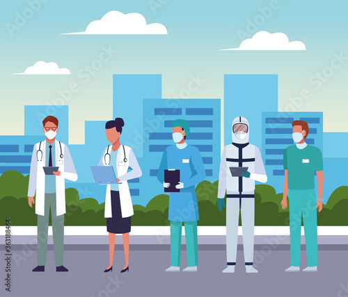 group of doctors wearing medical masks on the city