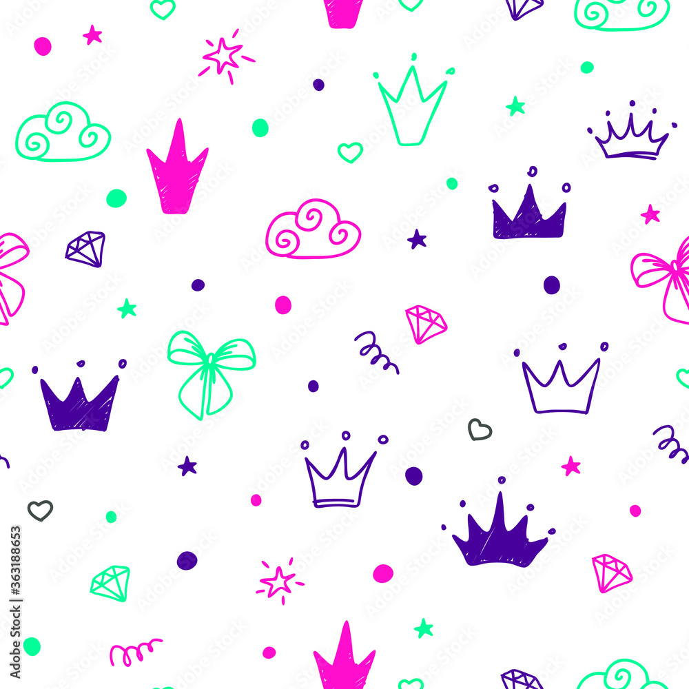 Hand drawn seamless pattern with doodle colored crowns. Cute baby and little princess design.