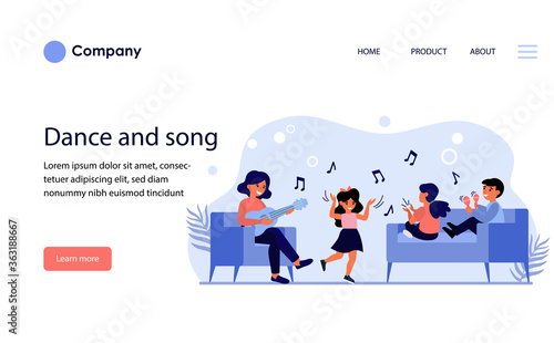 Children having fun at music class. Teacher playing guitar, kids dancing, singing flat vector illustration. School, teaching, childhood concept for banner, website design or landing web page