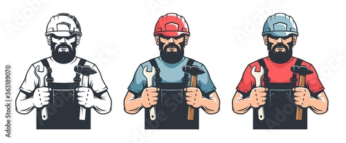 Worker in hard hat mechanic holds hammer and spanner - vintage illustration. DIY man with tools - retro style. Vector illustration.