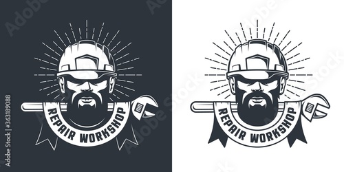Mechanic in hardhat and wrench - retro emblem. Repair Workshop vintage logo. Vector illustration.