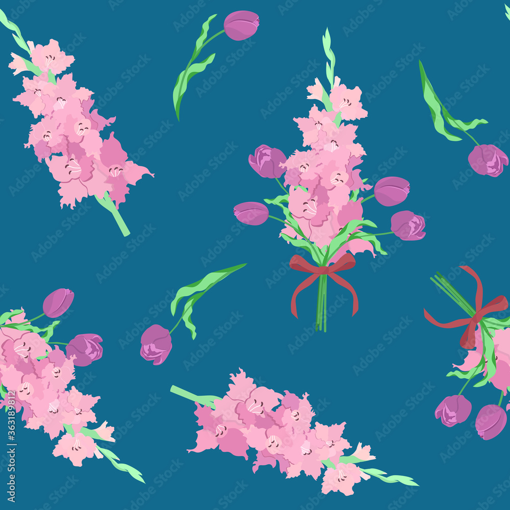 Seamless vector illustration with gladiolus and tulips on a dark background.