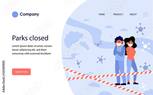 Closed public beaches. Couple in mask, no swimming, barrier tape flat vector illustration. Coronavirus, restriction, lockdown concept for banner, website design or landing web page