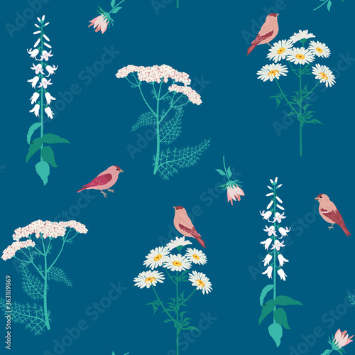 Seamless vector illustration with wildflowers and birds on a dark blue background.