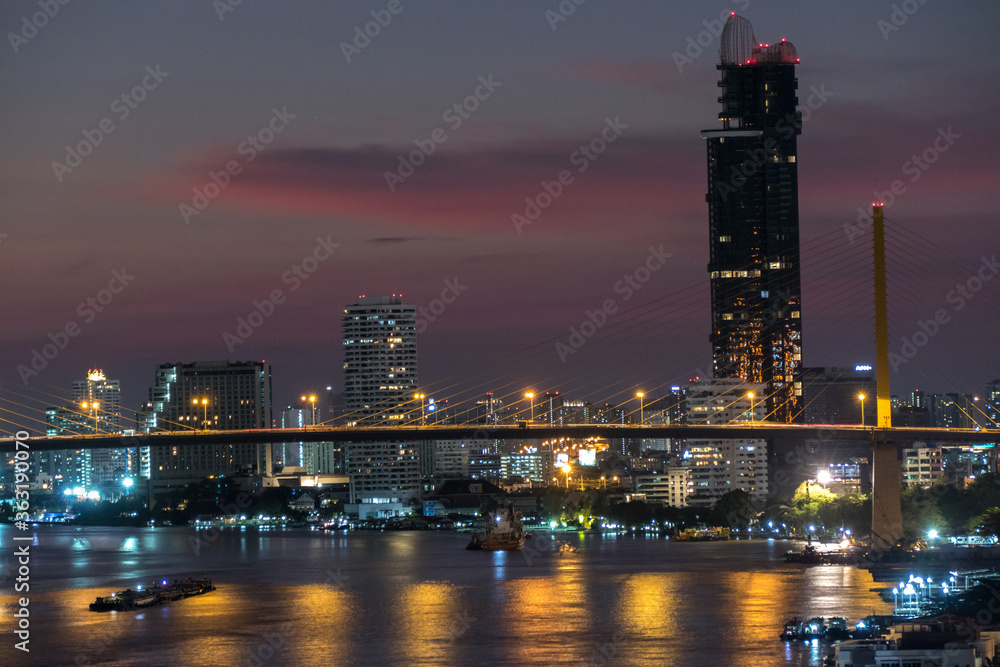 Bangkok riverside skyline with Chao Phraya river, Thailand