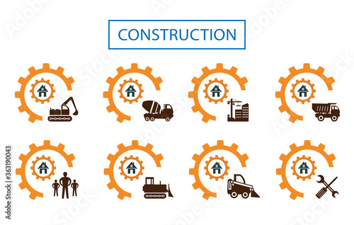 A set of vector illustrations of icons of working personnel, special equipment and tools for construction work of companies and other services and organizations