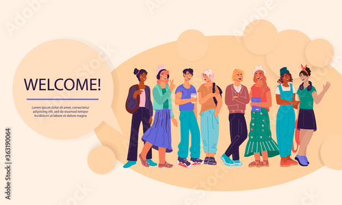 University or college welcoming banner or flyer template with multinational group of young students, flat vector illustration. Beginning of the school year with teenagers boys and girls.