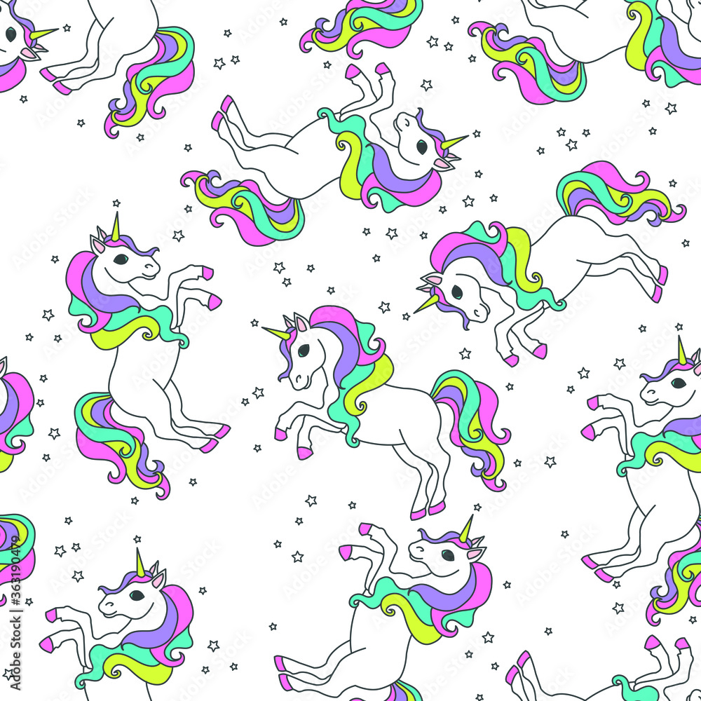 Seamless pattern with unicorns and stars. Baby background.