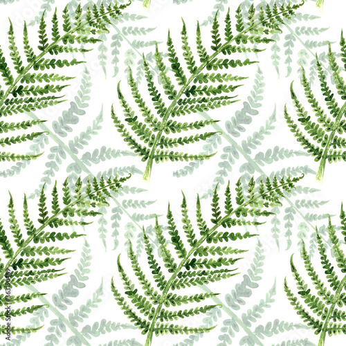 Watercolor seamless floral pattern with the fern branches. The hand-drawn backdrop for the fabric or wrapping paper.