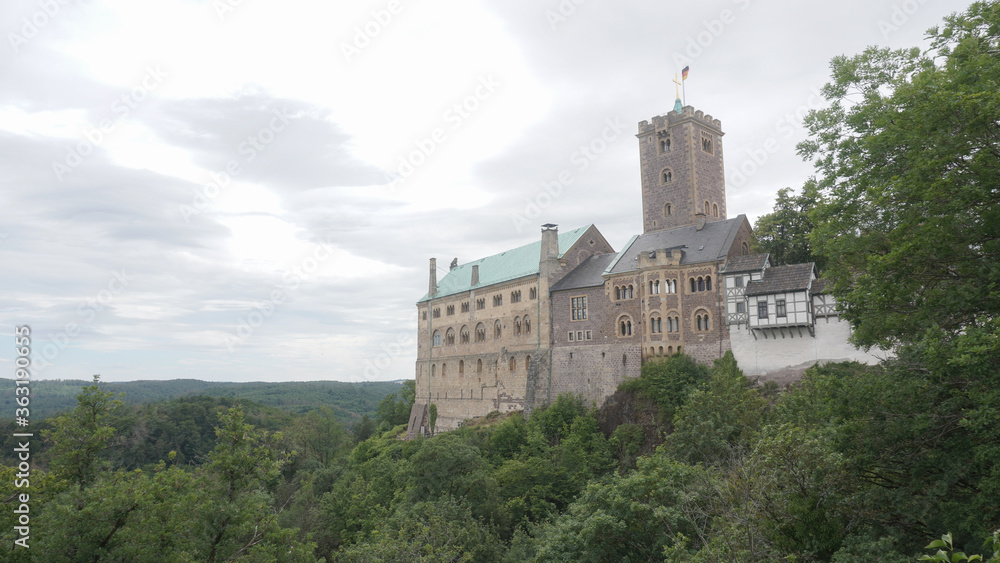 Wartburg Castle medieval architecture in the Thuringian Forest near Eisenach, Germany.