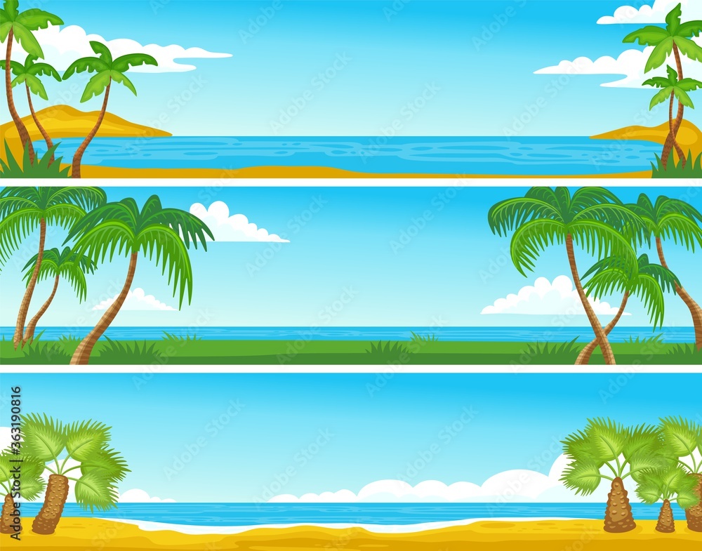 Summer sea shore beach backgrounds set with palms flat vector illustration.