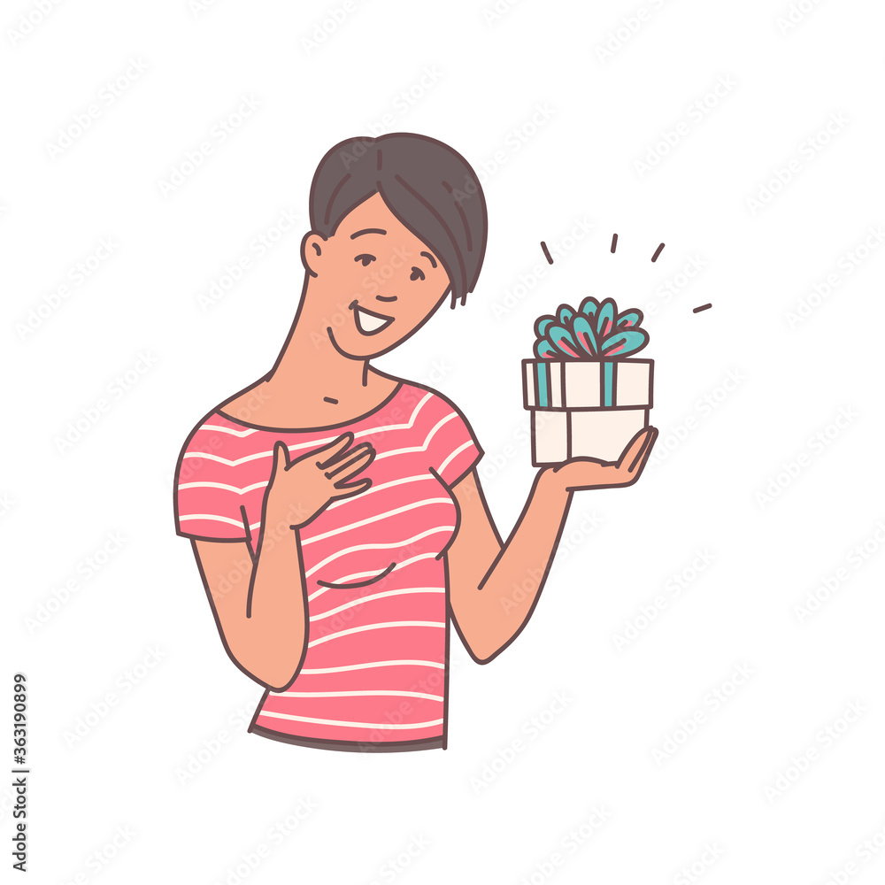 Happy woman holding gift box with surprised and grateful face Happy woman holding gift box with surprised and grateful face
