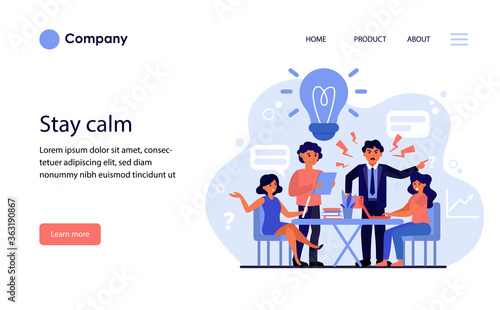 Aggressive boss scolding upset employees. Angry boss, mistakes, error, stress at work flat vector illustration. Business failure concept for banner, website design or landing web page