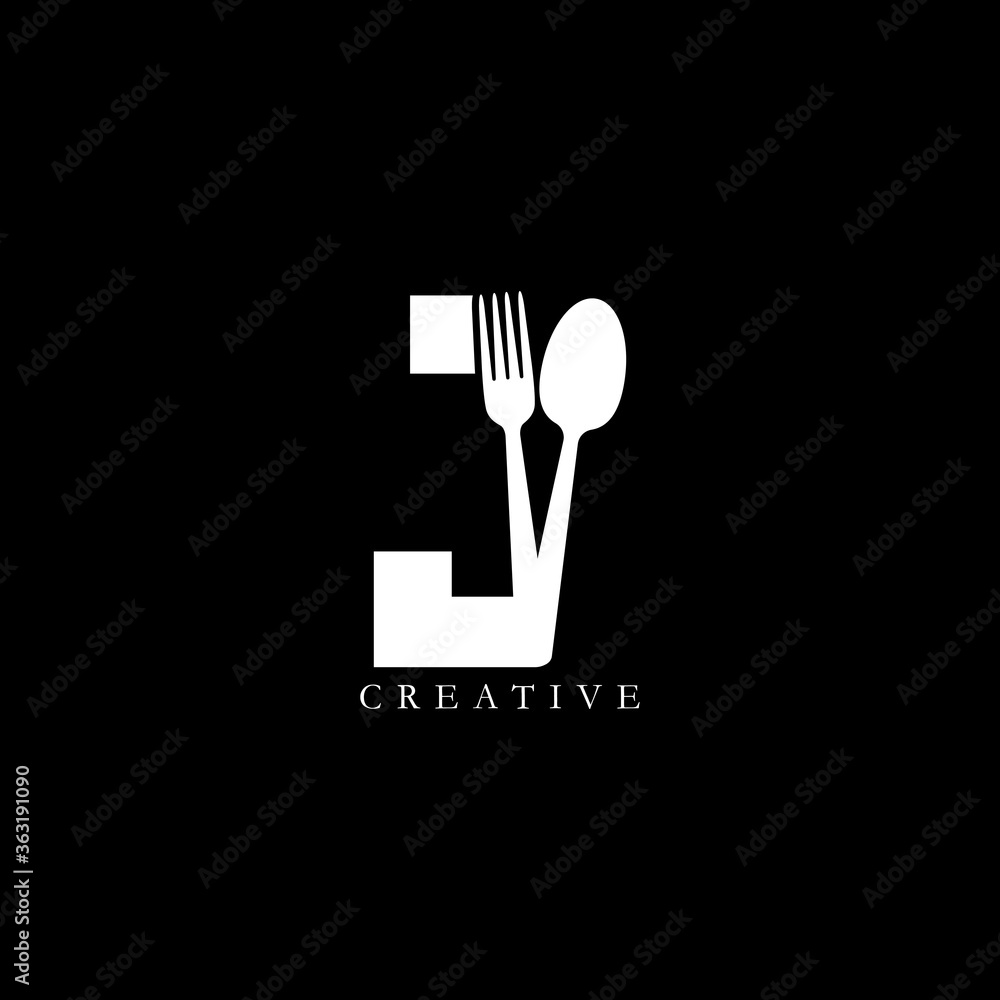 Combination fork and spoon flat J letter logo design Combination fork and spoon flat J letter logo design