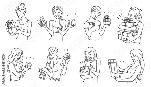 Women receiving gifts, cartoon vector illustrations set in line art isolated.