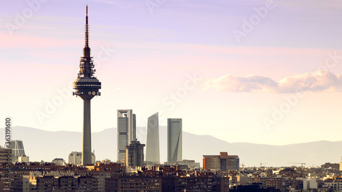 Skyline of Madrid with mountains in the background