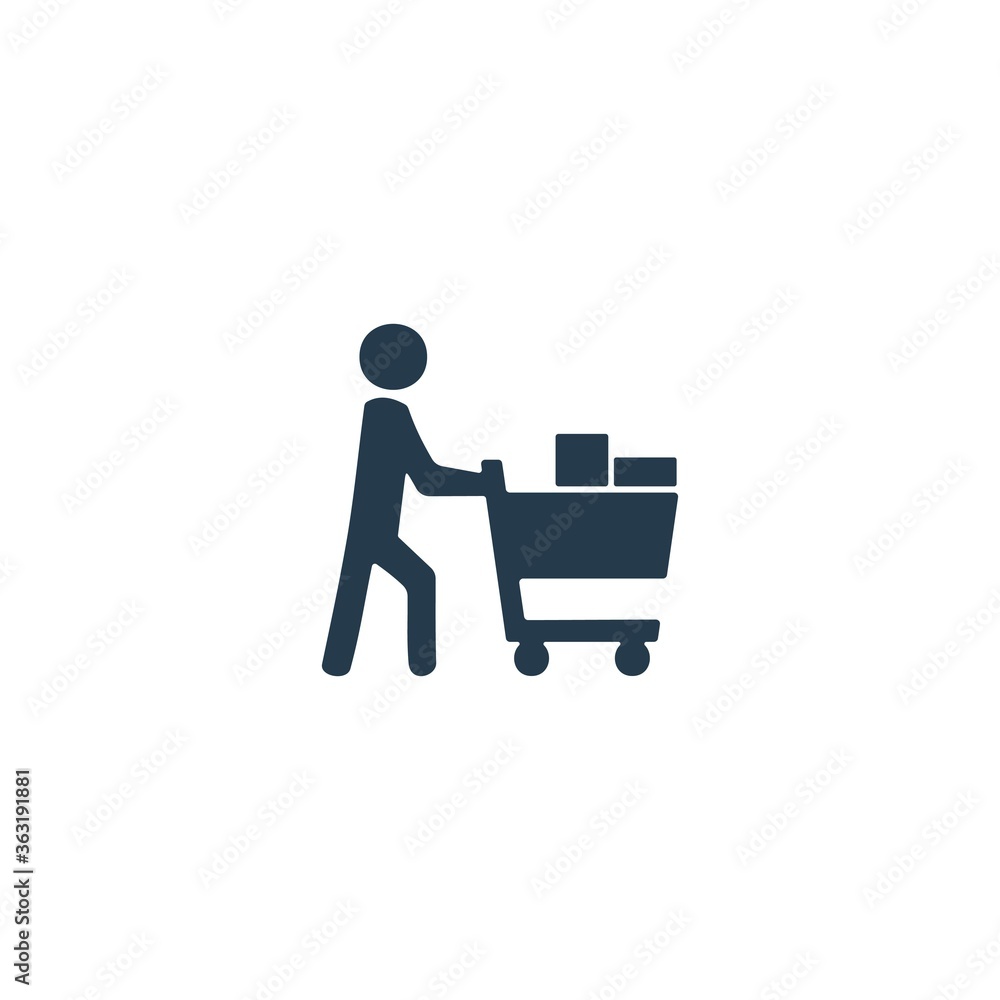 Man pushing a full shopping cart. Purchase, commerce sign. Man pushing a full shopping cart. Purchase, commerce sign.
