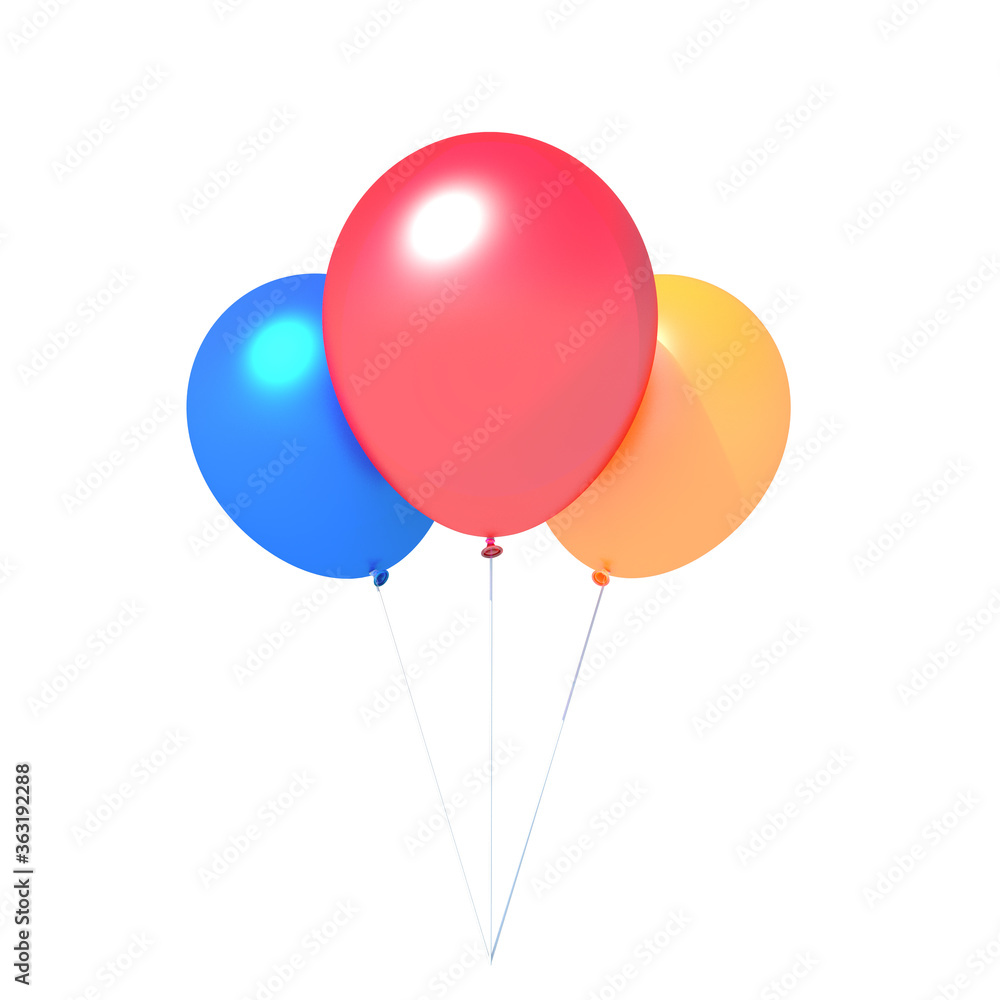 Colorful Red, Blue, and Yellow Balloons on Isolated White Background - 3D Illustration 