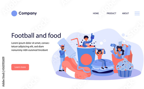 Football fans celebrating team success with fast food. Burger, hotdog, cafe flat vector illustration. Sport addiction, lifestyle, fan club concept for banner, website design or landing web page