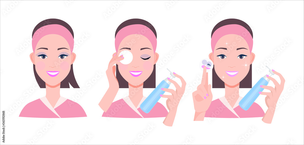 Makeup removal. Facial skin care procedures. The girl washes her face with a cotton pad.Make-up remover. Makeup removal. Facial skin care procedures. The girl washes her face with a cotton pad.Make-up remover.