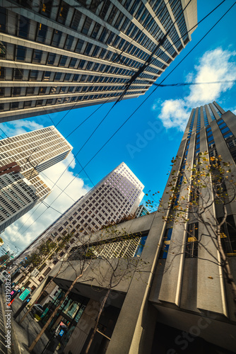 Low angle view of skyscrapers in San Francisco financial district