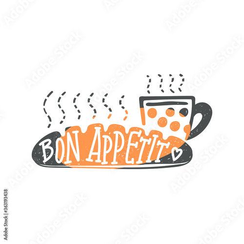 Bon appetit hand drawn lettering, cartoon vector illustration isolated on white.