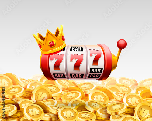 Slots 777 banner, golden coins jackpot, Casino 3d cover, slot machines and roulette with cards. Vector
