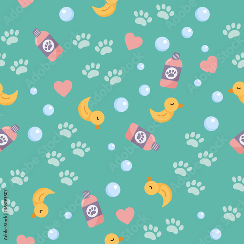 Vector seamless pattern of objects for washing. Cute cartoon yellow duck for bath, bubbles and paws. Pet wash and grooming. Illustration on blue background.