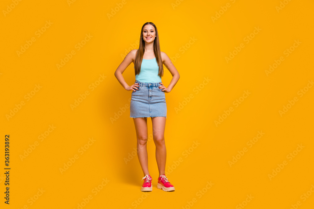 Full length body size view of her she nice-looking attractive pretty winsome lovely content cheerful straight-haired girl posing isolated over bright vivid shine vibrant yellow color background Full length body size view of her she nice-looking attractive pretty winsome lovely content cheerful straight-haired girl posing isolated over bright vivid shine vibrant yellow color background