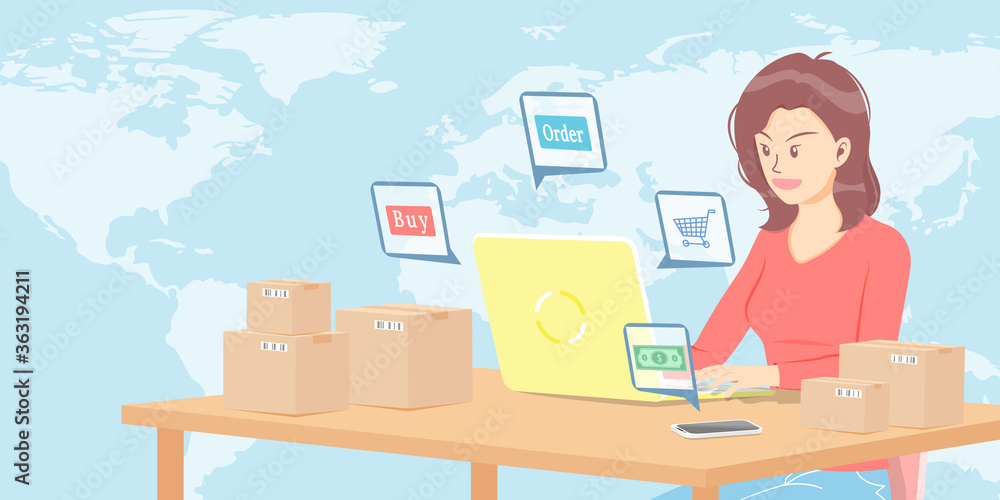 Obraz premium woman selling and shopping products online. female working from home office with laptop and phone on table on world map background.