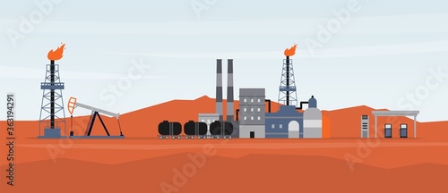 Landscape with oil production and refining site, flat vector illustration.
