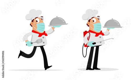 Cartoon of Chef Wearing Mask Holding Platter and Disinfectant - Vector Isolated Illustration