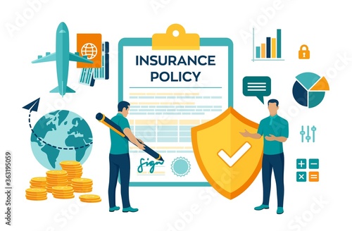 Travel Insurance service concept. Aircraft and tickets. Flight insurance. Safety security shield. Signing policy form. Colourful flat style vector illustration with characters and icons.